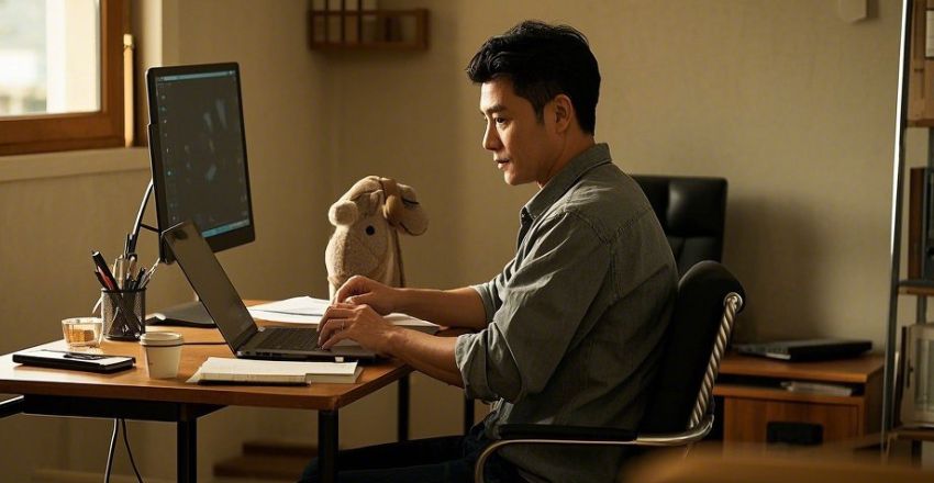 Parent balancing flexible work hours with family time at home