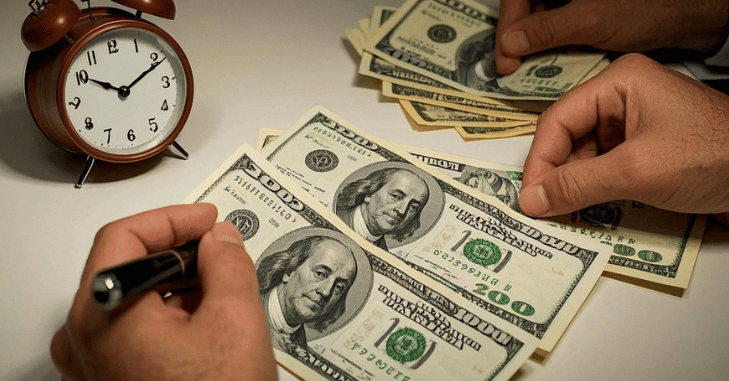 Worker reviewing an hourly pay rate on a monthly budget sheet